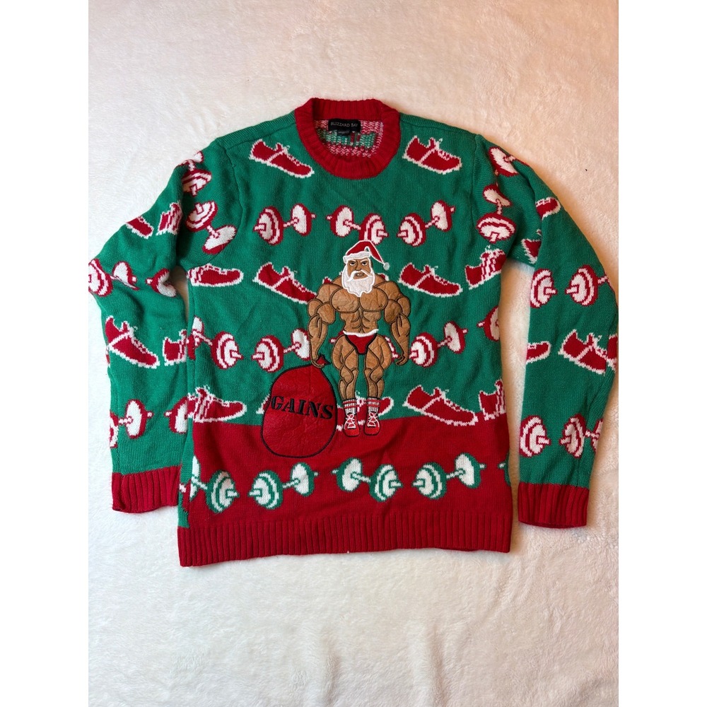 Blizzard Bay Mens Buff Santa Gains Ugly Christmas Sweater Green Red Gym Size M